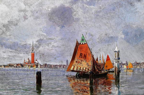 Fishing Boats in Venetian Lagoon. The painting by Carlo Brancaccio