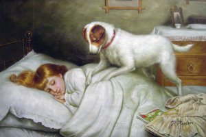 Reproduction oil paintings - Charles Burton Barber - A Time To Wake Up With Smooth Coated Fox Terrier