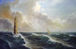 Seascape with Lighthouse, Charles Codman, Art Paintings