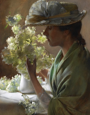 Charles Courtney Curran, Lady with a Bouquet (Snowballs), Painting on canvas