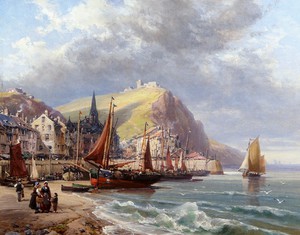 Charles Euphrasie Kuwasseg, Coastal Harbour, Painting on canvas