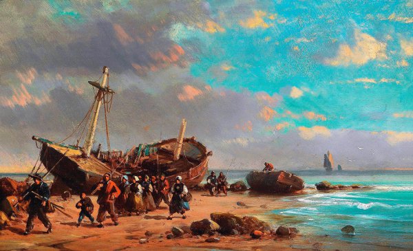 Fishermen on the Beach. The painting by Charles Euphrasie Kuwasseg