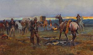 Charles Marion Russell, When Horses Talk There's Slim Chance for Truce , Painting on canvas