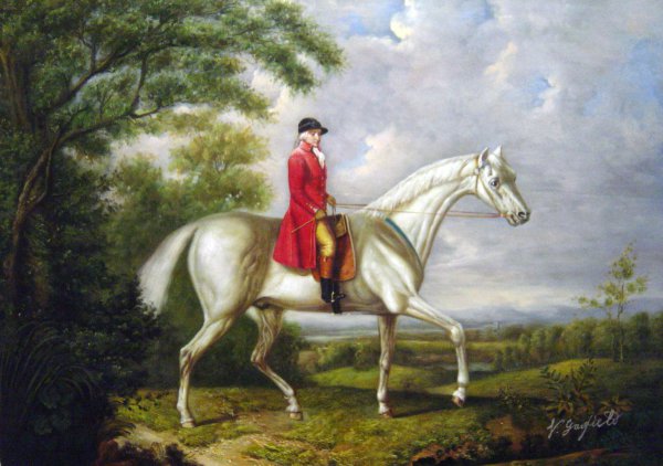 A Huntsman On A Grey Hunter In An Extensive Landscape. The painting by Charles Towne