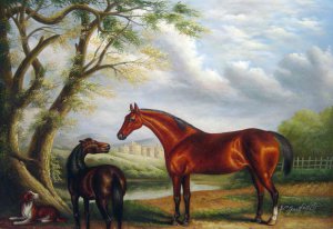 Reproduction oil paintings - Charles Towne - Bay Hunter And Pony With Dog In Landscape