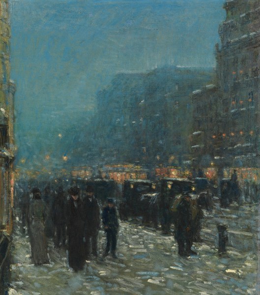 Broadway and 42nd Street. The painting by Childe Hassam