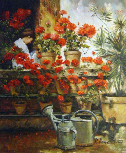 Geraniums. The painting by Childe Hassam