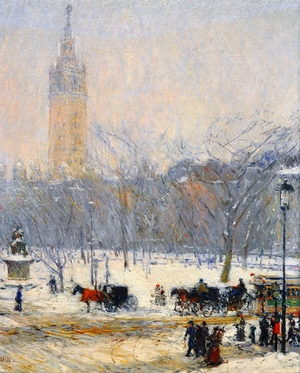 Childe Hassam, Snowstorm Madison Square, Painting on canvas