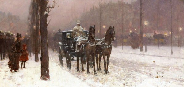 Street Scene with Hansom Cab. The painting by Childe Hassam