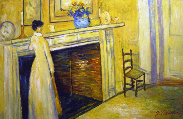 The Fireplace. The painting by Childe Hassam