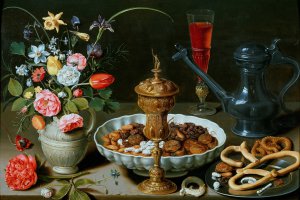 Clara Peeters, Still Life with Flowers, Goblet, Dried Fruit, and Pretzels, Painting on canvas