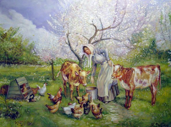 A Feeding Time In The Orchard. The painting by Claude Cardon