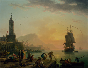 Claude-Joseph Vernet, Calm at a Mediterranean Port, Painting on canvas