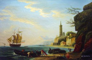 Claude-Joseph Vernet, Coastal Mediterranean Landscape With A Dutch Merchantman, Painting on canvas