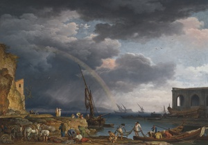 Claude-Joseph Vernet, L'arc en Ciel: An Italianate Coastal View with a Rainbow, Fisherman, and Peasants at an Inlet in the Foreground, Painting on canvas