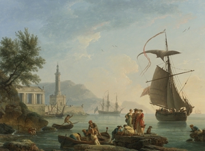 Reproduction oil paintings - Claude-Joseph Vernet - Mediterranean Harbor at Sunset with Fisherfolk at the Water's Edge, a Lighthouse and a Man of War at Anchor in the Bay
