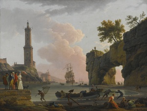 Claude-Joseph Vernet, Mediterranean Harbour at Sunset, Painting on canvas