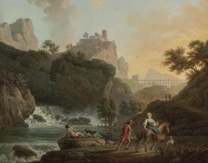 Claude-Joseph Vernet, Rocky Landscape with a Fisherman and Travellers by a River with a Waterfall, an Aqueduct in the Distance, Painting on canvas