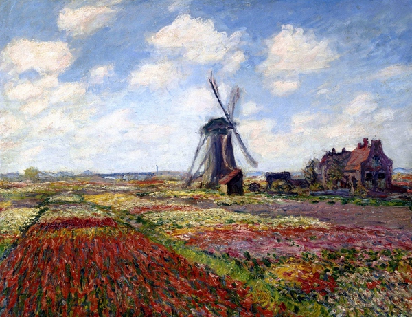 A Field of Tulips with the Rijnsburg Windmill. The painting by Claude Monet