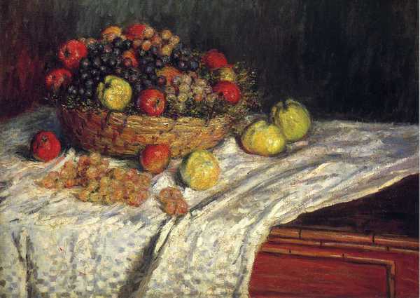 A Fruit Basket with Apples and Grapes. The painting by Claude Monet