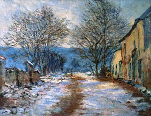 Famous paintings of Street Scenes: A Snow Effect at Limetz
