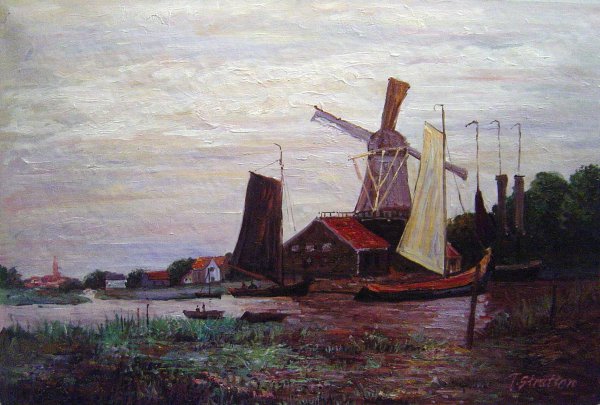 A Windmill At Zaandam. The painting by Claude Monet