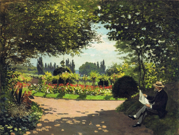 Adolphe Monet Reading in the Garden of Le Coteau at Sainte-Adresse. The painting by Claude Monet