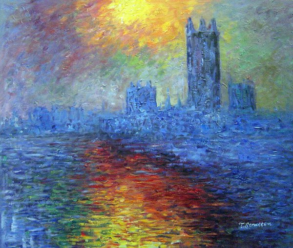 At The Houses of Parliament, Sun Breaking Through The Fog. The painting by Claude Monet