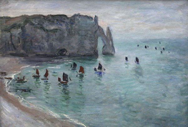 Etretat, Fishing Boats Leaving the Harbour. The painting by Claude Monet
