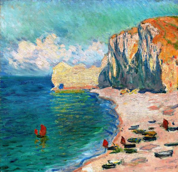 Etretat, the Beach and the Falaise d'Amont. The painting by Claude Monet
