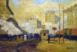 Famous paintings of Street Scenes: Exterior Of Saint-Lazare Station, Sunlight Effect