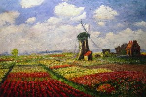 Claude Monet, Field Of Tulips With Windmill In Holland, Art Reproduction
