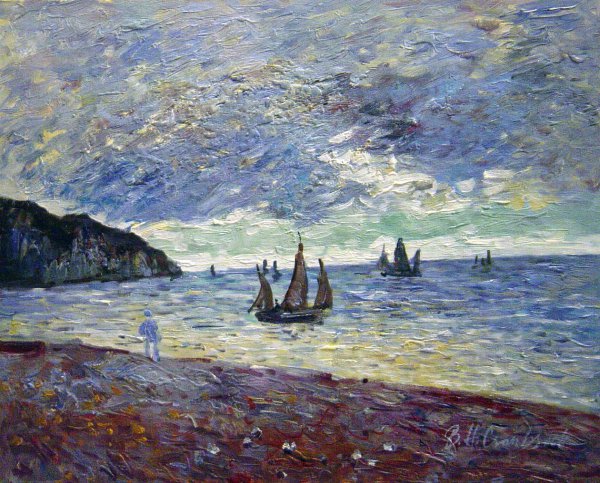 Fishing Boats By The Beach And The Cliffs At Pourville. The painting by Claude Monet