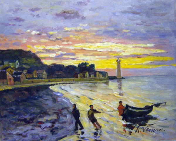 Hauling A Boat Ashore, Honfleur. The painting by Claude Monet