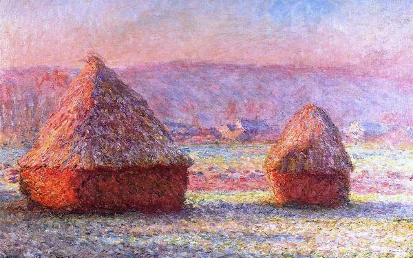 Haystacks - White Frost, Sunrise. The painting by Claude Monet