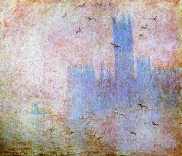 Seagulls over the Houses of Parliament. The painting by Claude Monet