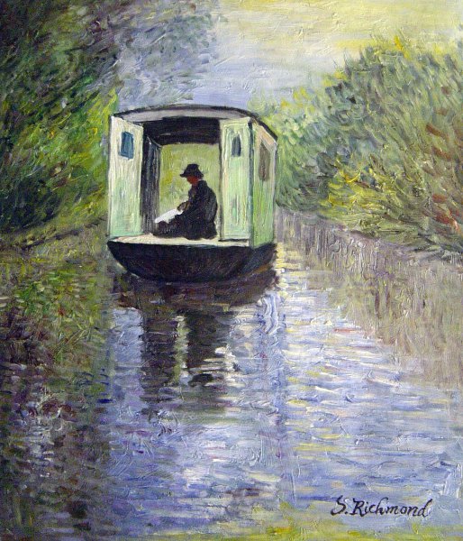 The Boat Studio. The painting by Claude Monet