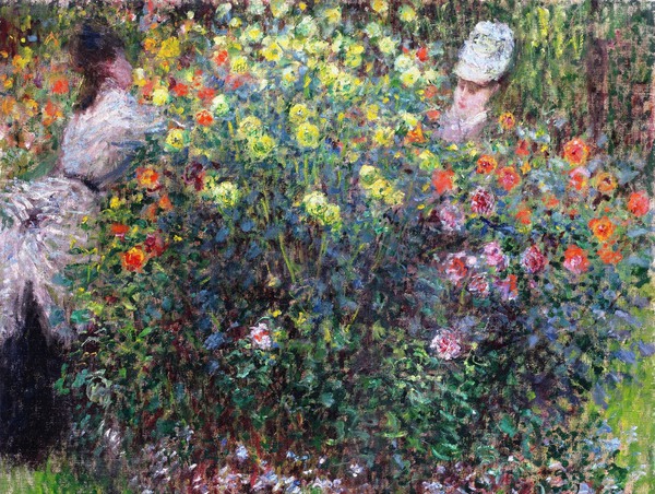 The Two Women Among the Flowers. The painting by Claude Monet