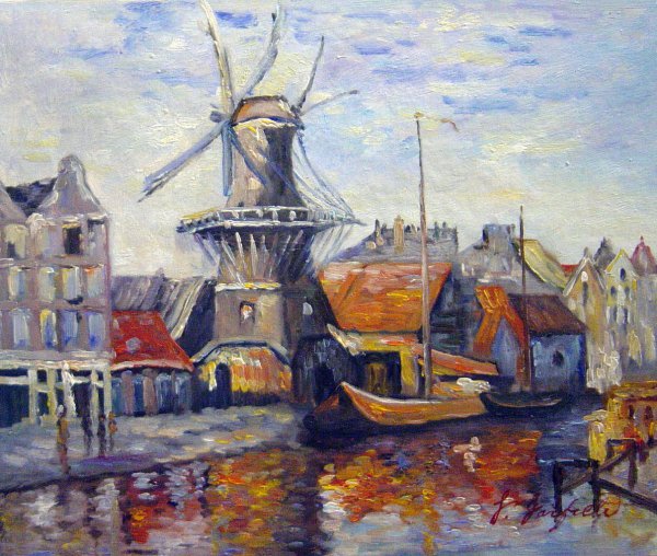 The Windmill On The Onbekende Canal, Amsterdam. The painting by Claude Monet