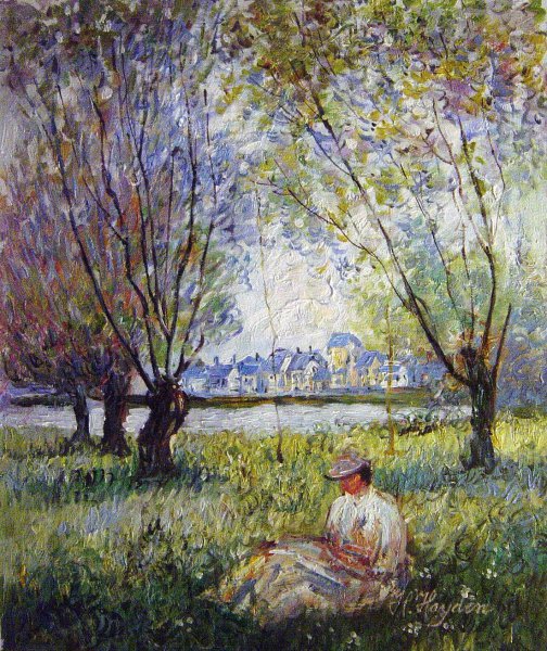 Woman Sitting Under The Willows. The painting by Claude Monet