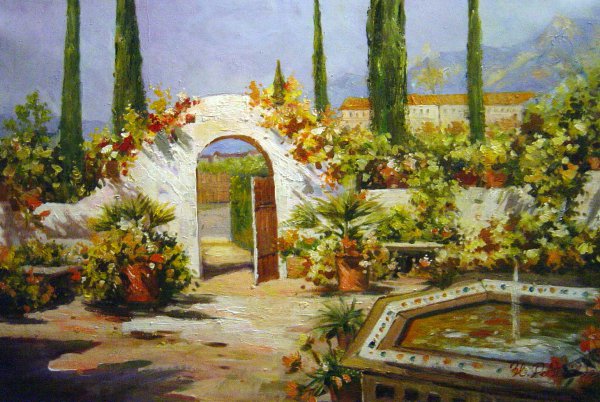 Santa Barbara Courtyard. The painting by Colin Campbell Cooper
