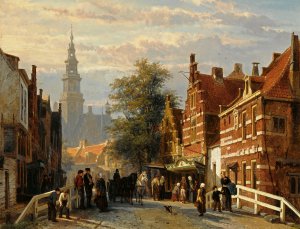 Reproduction oil paintings - Cornelis Springer - A View of Bolsward with the Townhall in the Distance