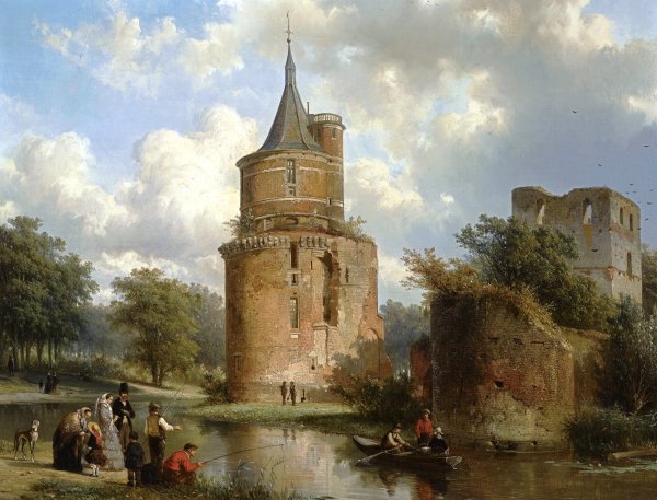 Figures at Leisure Near the Castle of Wijk Bij Duurstede. The painting by Cornelis Springer