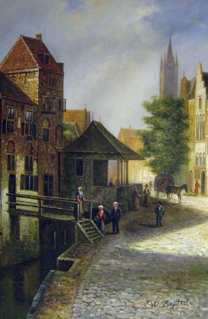 Cornelis Springer, Figures In A Street In Delft, Painting on canvas