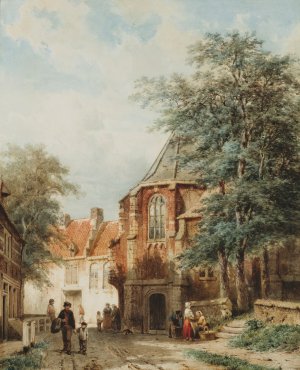 Cornelis Springer, Figures in the Dorpsstraat, Asperen, Painting on canvas