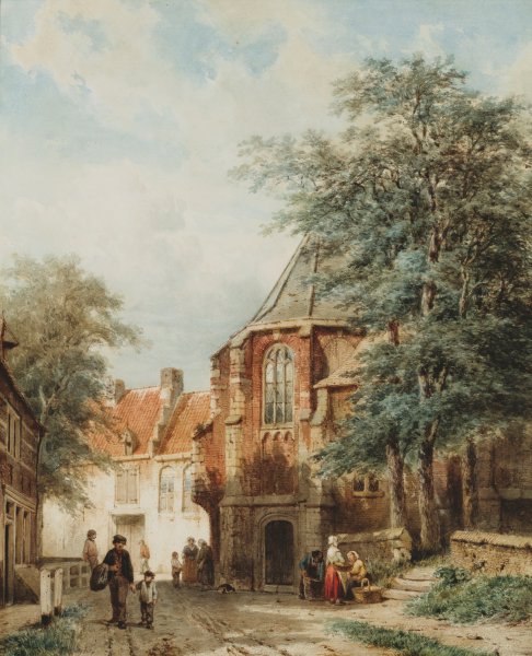 Figures in the Dorpsstraat, Asperen. The painting by Cornelis Springer
