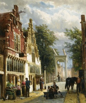 Cornelis Springer, Figures in the Street of Alkmaar, Painting on canvas