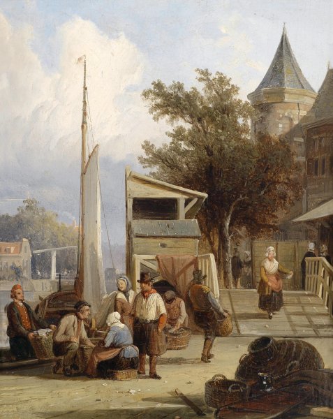 Fishermen at the Pier. The painting by Cornelis Springer