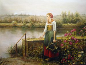 Reproduction oil paintings - Daniel Ridgway Knight - A Woman With A Watering Can By The River
