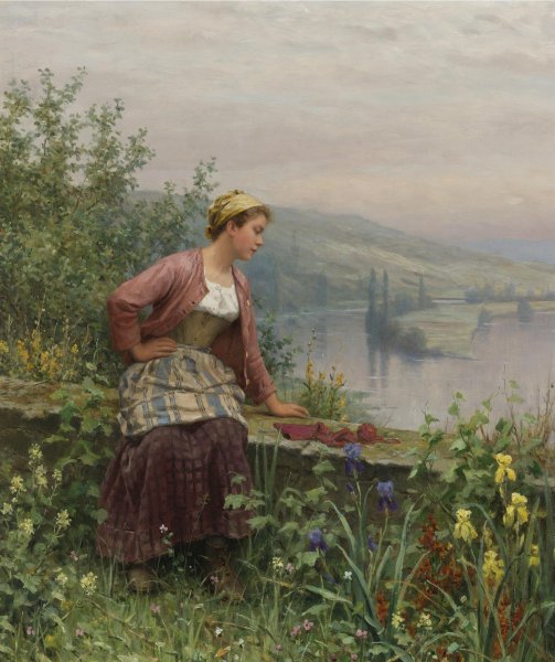 Brittany Girl Overlooking a Stream. The painting by Daniel Ridgway Knight